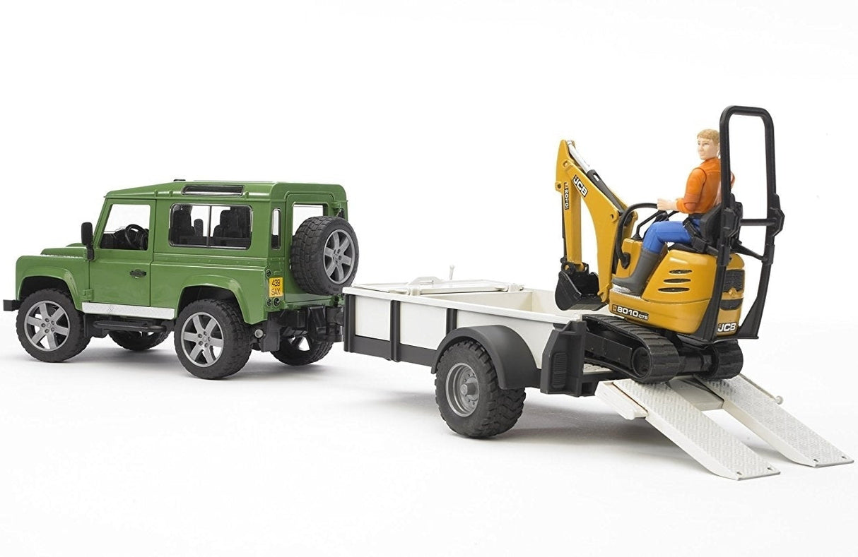 Bruder Land Roaver Defender with Axle Trailer & JCB Loader