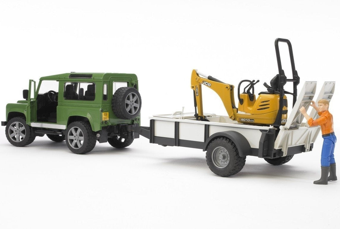 Bruder Land Roaver Defender with Axle Trailer & JCB Loader