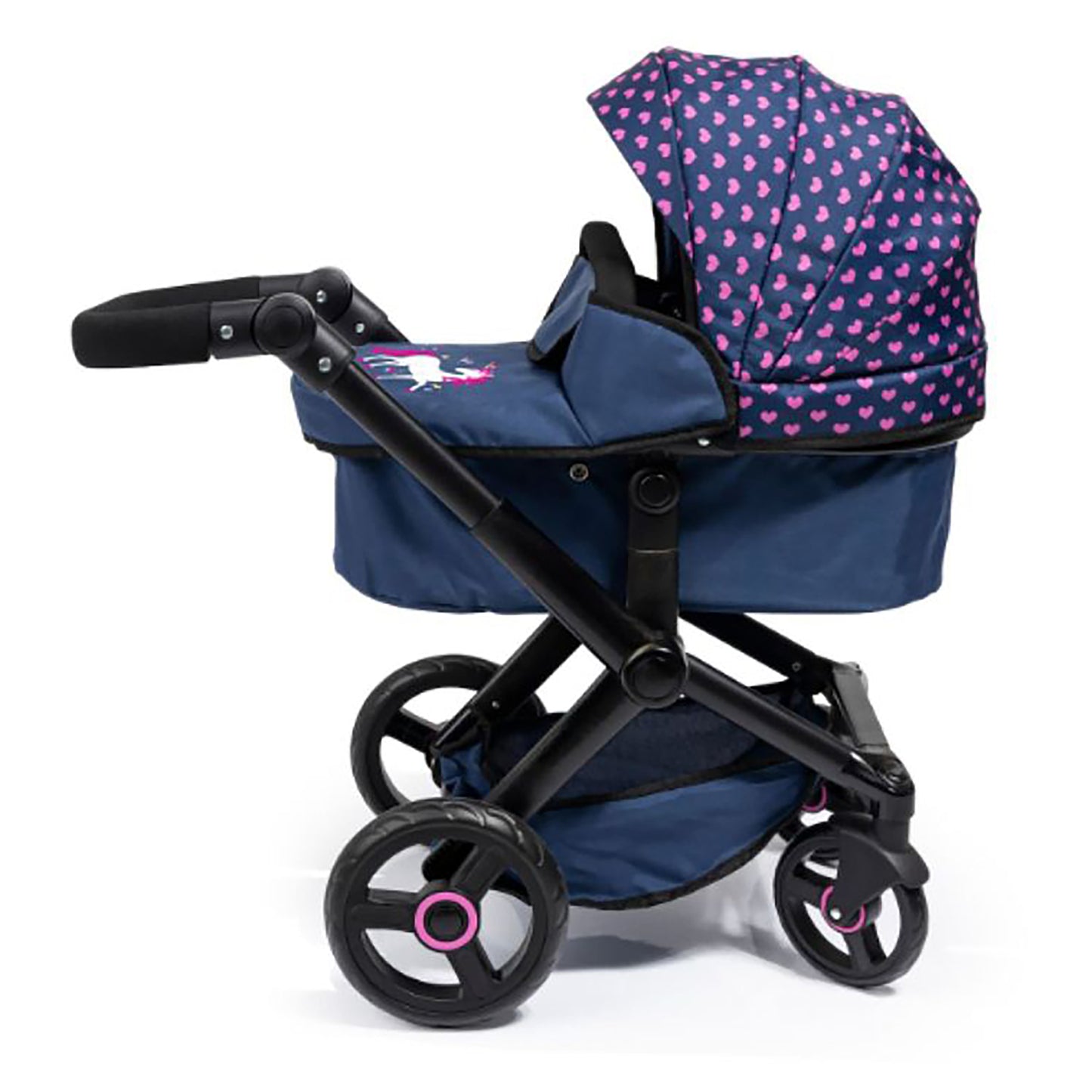 Bayer Xeo Compact Doll Pram, Dark Blue with Pink Heart Print