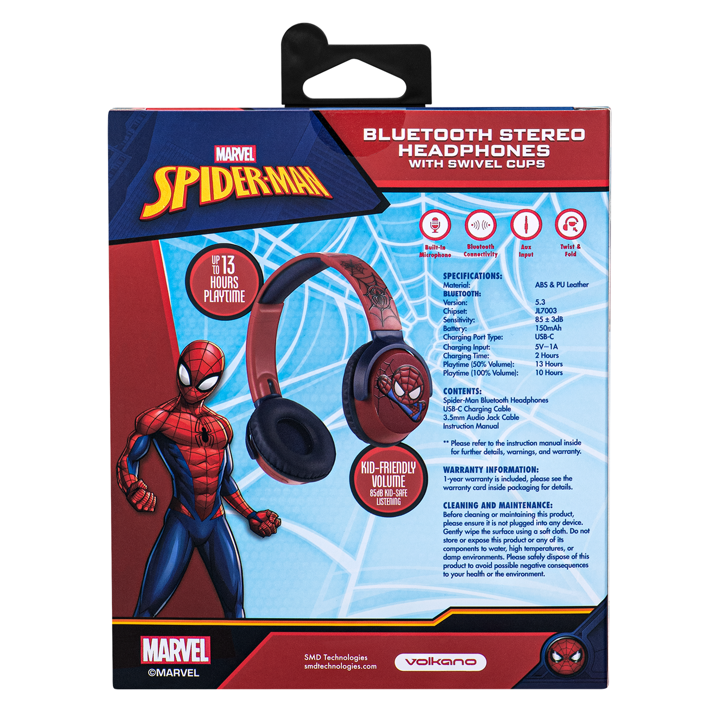 Marvel Spiderman Bluetooth Headphone 85Db Safe Listening Volume