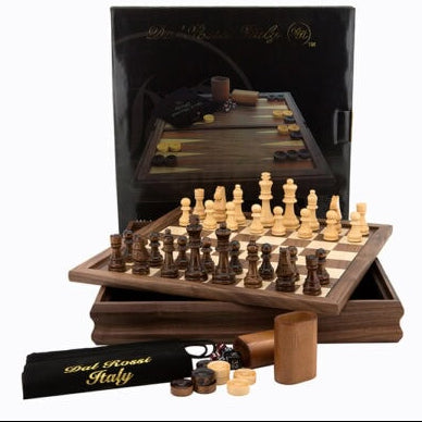 Dal Rossi Chess Checkers Backgammon walnut flip top board 14″