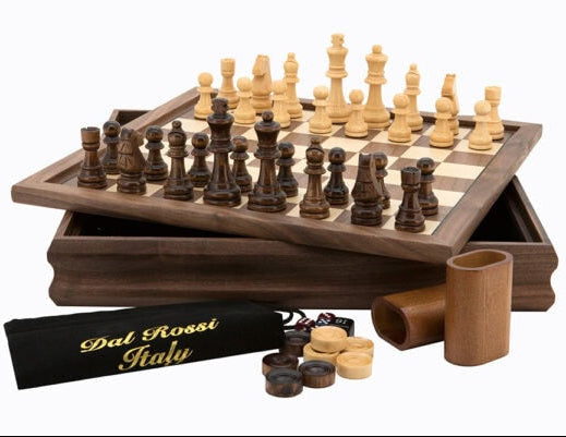 Dal Rossi Chess Checkers Backgammon walnut flip top board 14″