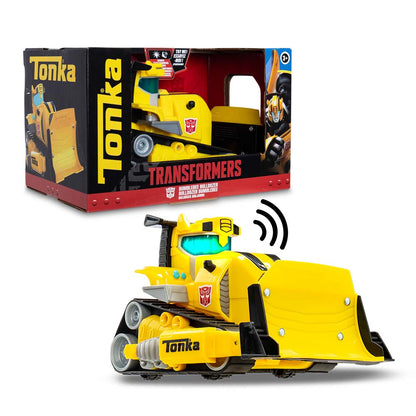 Tonka Transformers Bumblebee bulldozer toy with yellow body, front blade, and retail box