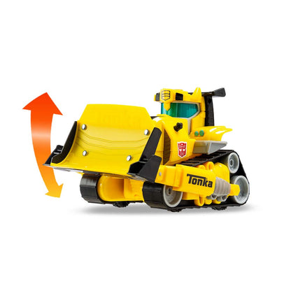 Yellow Tonka Bumblebee bulldozer toy with raised front blade and tracked wheels
