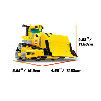 Yellow Tonka Bumblebee bulldozer toy shown with dimensions of 6.65 by 4.66 by 4.63 inches