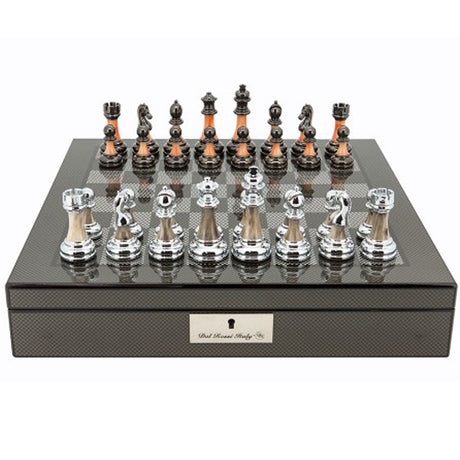 Dal Rossi Italy Carbon Fibre Shiny Finish Chess Box 16” with Metal Marble Chess Pieces