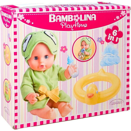 Bath baby doll set: green hooded outfit and yellow inflatable bath ring