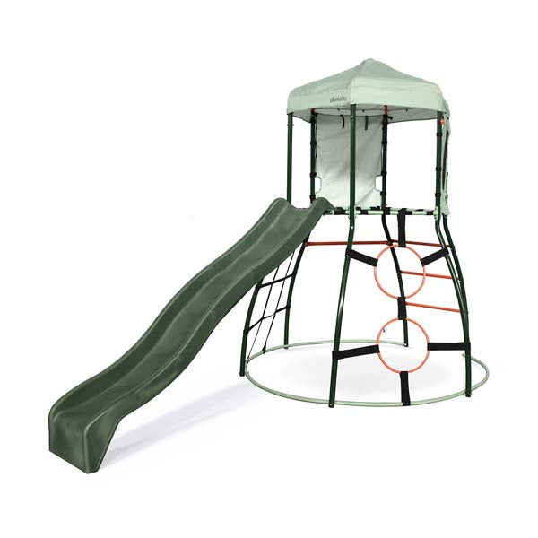 Kids climbing dome playset with curved slide, green metal frame, enclosed net