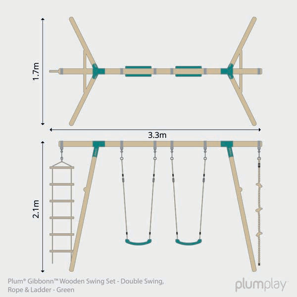 Plum Gibbon Wooden Swing Set Two Single Swing seat, Climbing Rope & Ladder for Kids