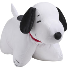Snoopy plush pillow with white fur, black ears, and a red collar