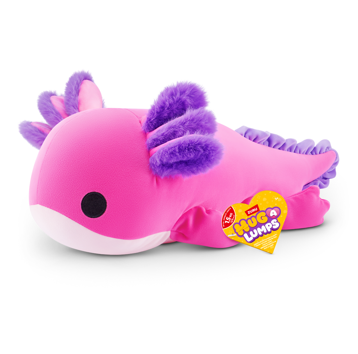 Medium pink plush axolotl with purple fins, round black eye, and hang tag