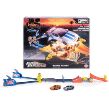 Nitro Blast toy track playset with orange ramp, blue launcher, and two die-cast cars