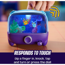 Interactive digital pet aquarium with clear screen showing pixel pets, hand tapping the top