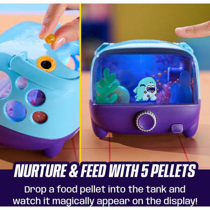 Interactive digital pet aquarium with hand pressing front dial, pixel pets on clear display