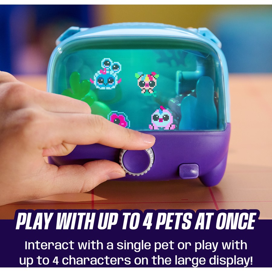 Interactive digital pet aquarium front with hand on dial, clear screen shows pixel pet characters
