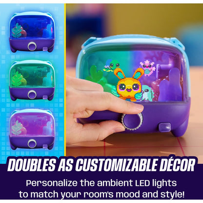Interactive digital pet aquarium with hand pressing dial, colorful pixel pets on display