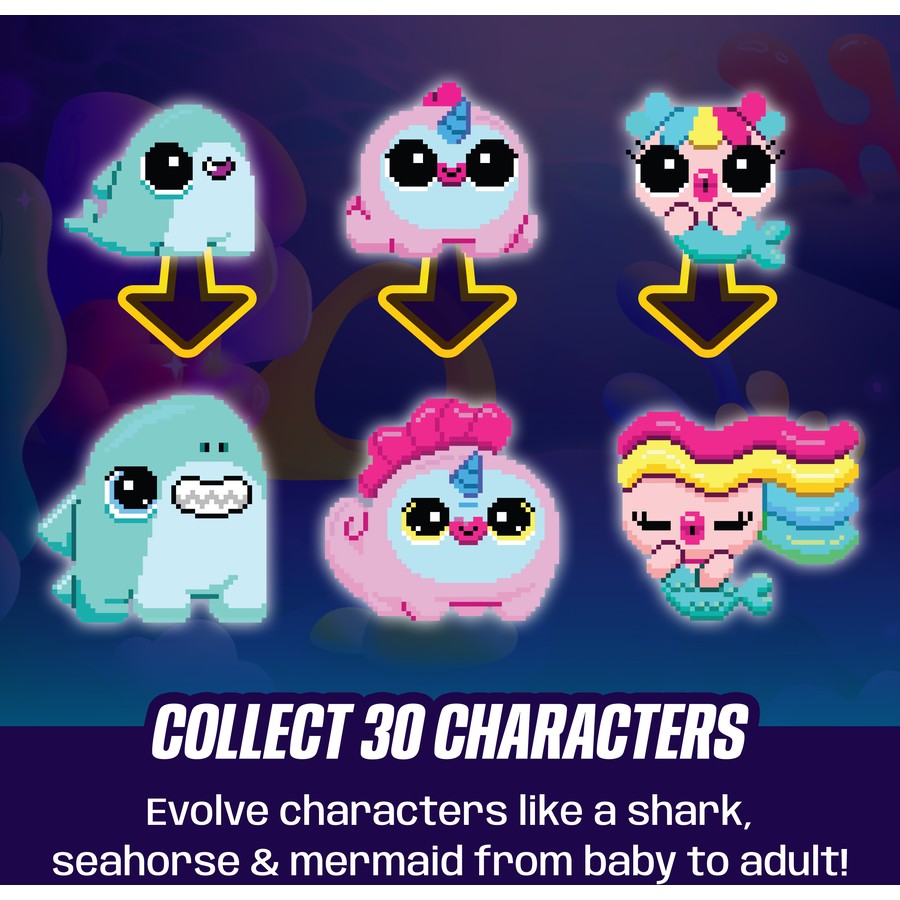 Pixel pet character icons with star badges on the aquarium display screen
