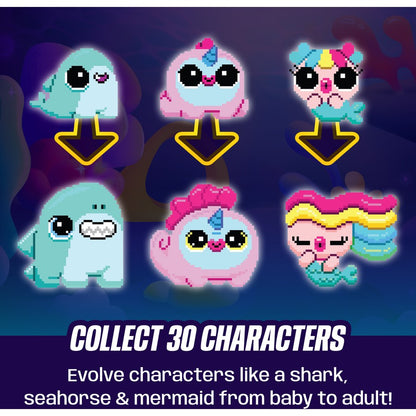 Pixel pet character icons with star badges on the aquarium display screen