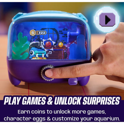 Interactive digital pet aquarium showing pixel pet scene, hand holding the front dial