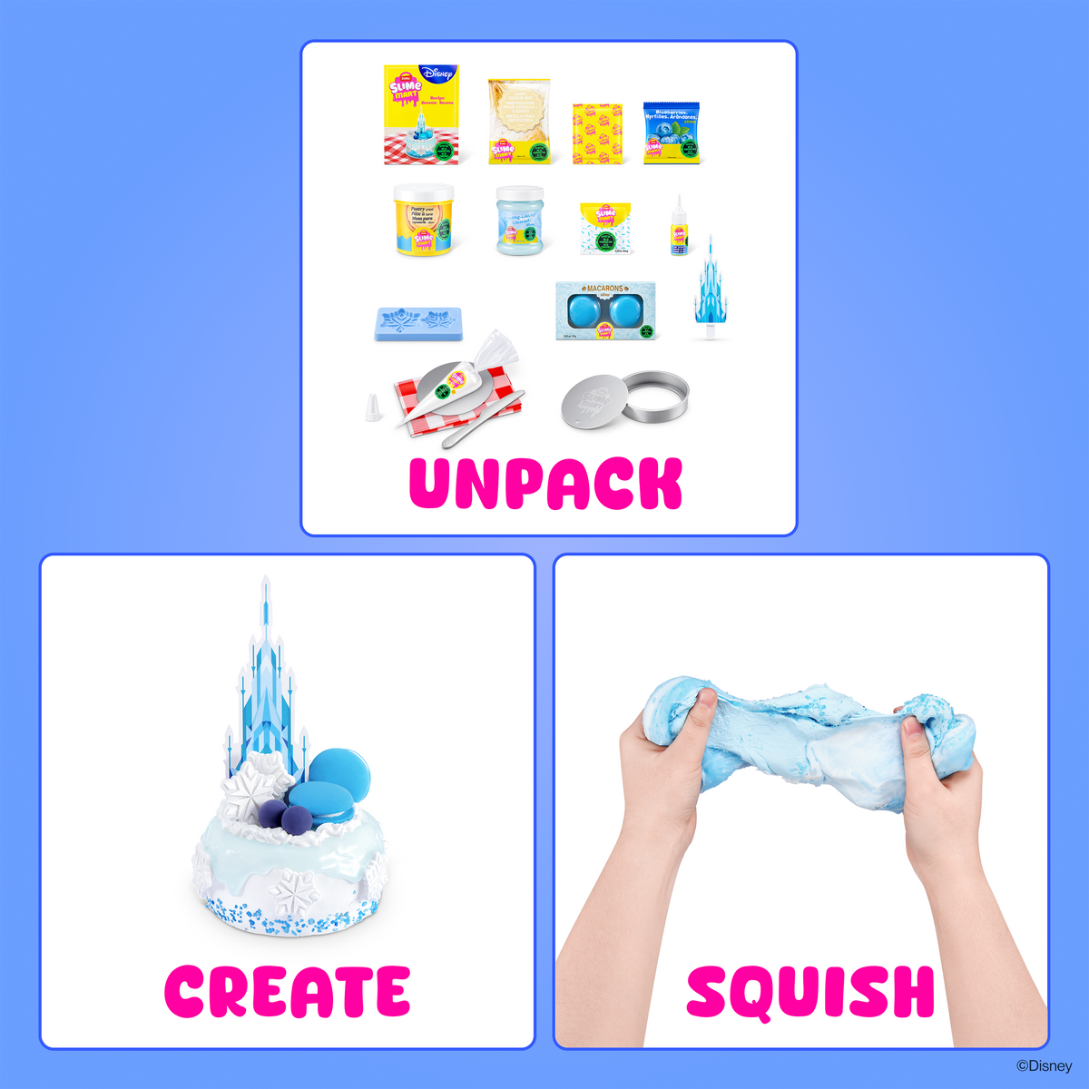 Toy slime kit showing unbox, create, and squish steps with cake slime, tools, and hands