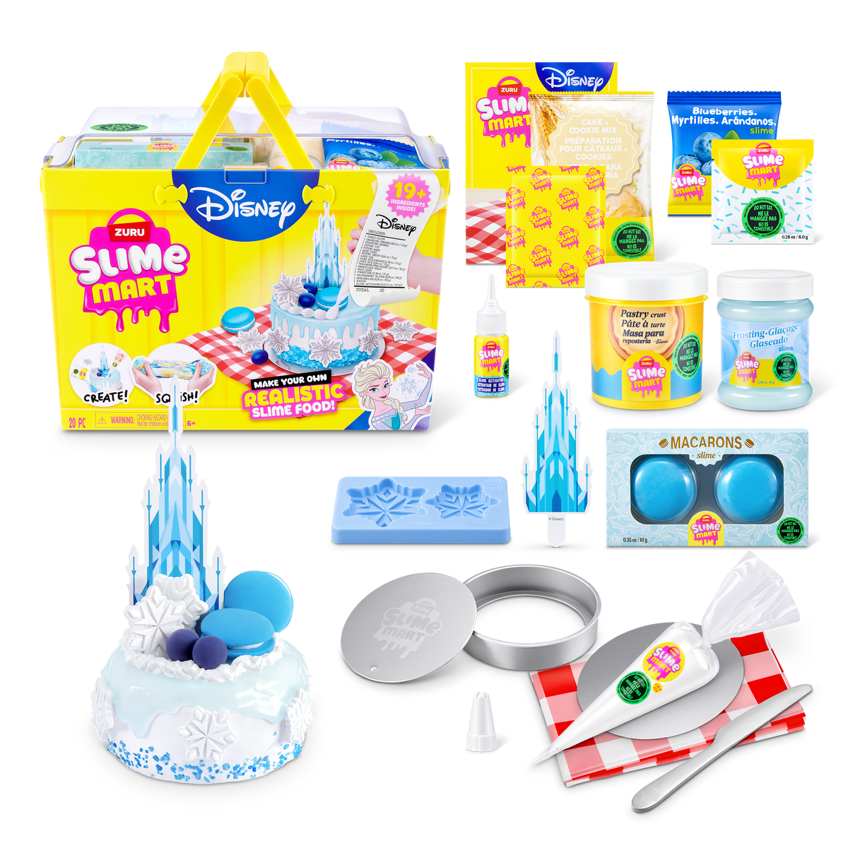Toy slime dessert set with icy blue cake slime and included molds, accessories, and jars