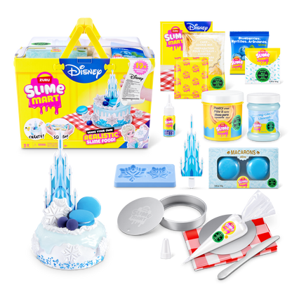 Toy slime dessert set with icy blue cake slime and included molds, accessories, and jars