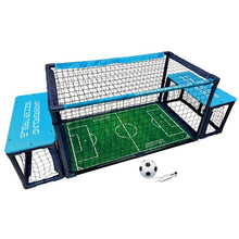 Go Play! underground soccer table with green field, blue frame, goal nets, and ball
