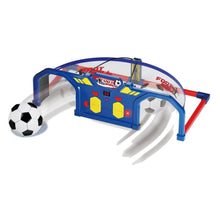 Blue and red interactive soccer trainer arena with goal frame and control panel