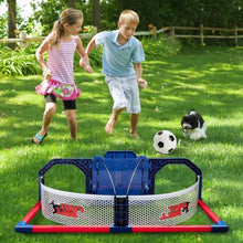 Blue soccer trainer arena with goal frame and mesh side panels on grass