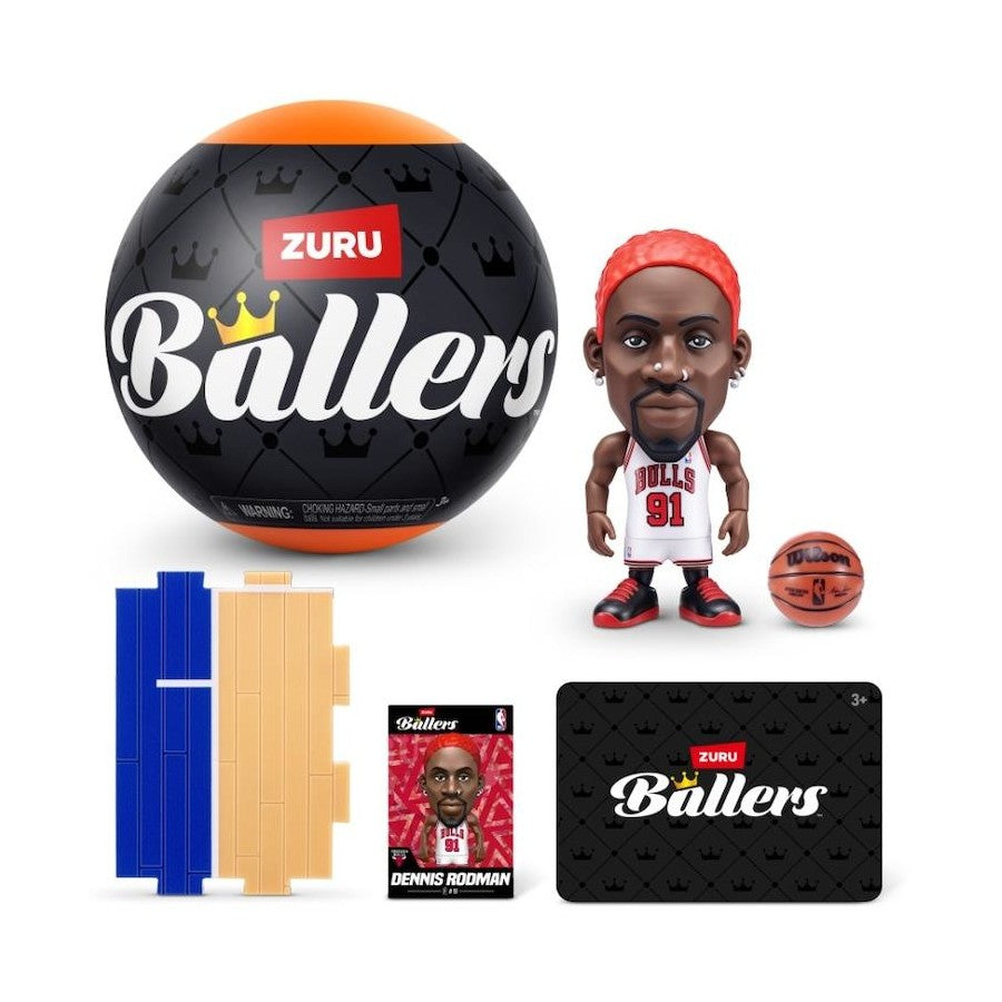 ZURU Ballers basketball with mini player figure, card pack, and accessory pieces