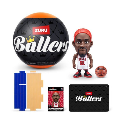 ZURU Ballers basketball with mini player figure, card pack, and accessory pieces