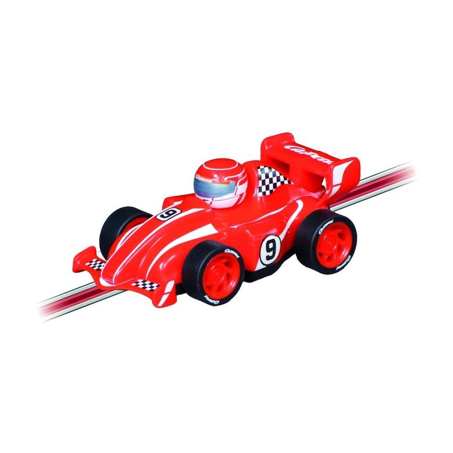 Red toy race car with number 9, white checkered accents