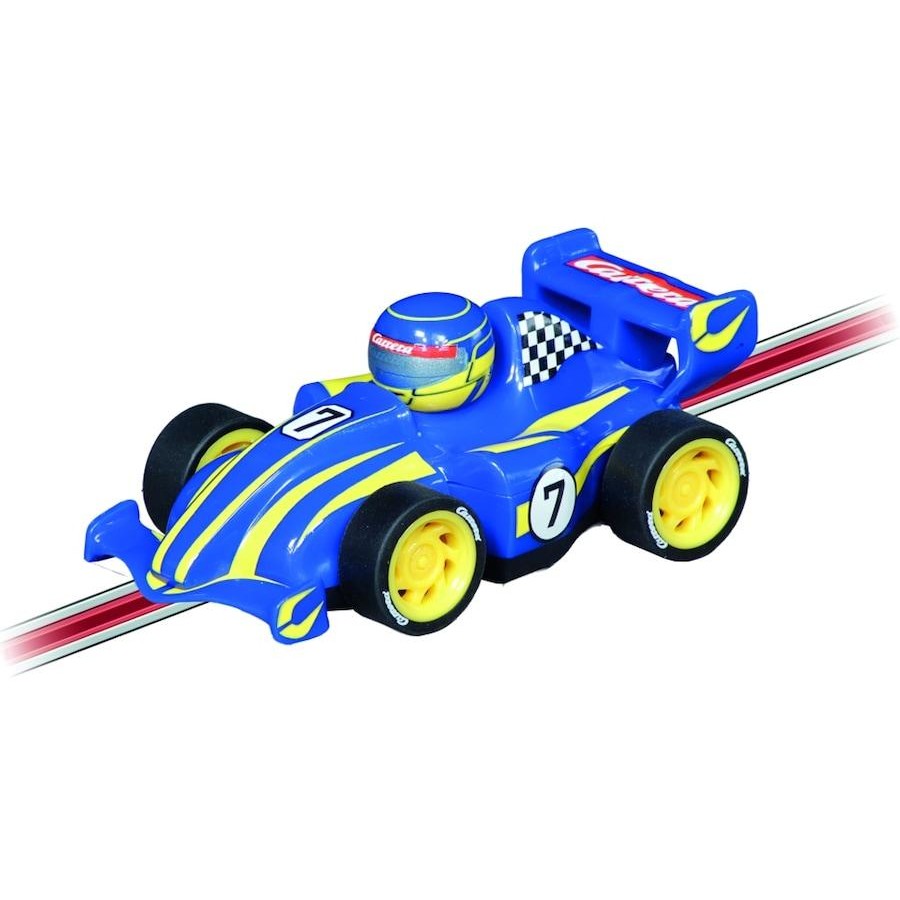 Blue toy race car with number 7, checkered seat and yellow wheels
