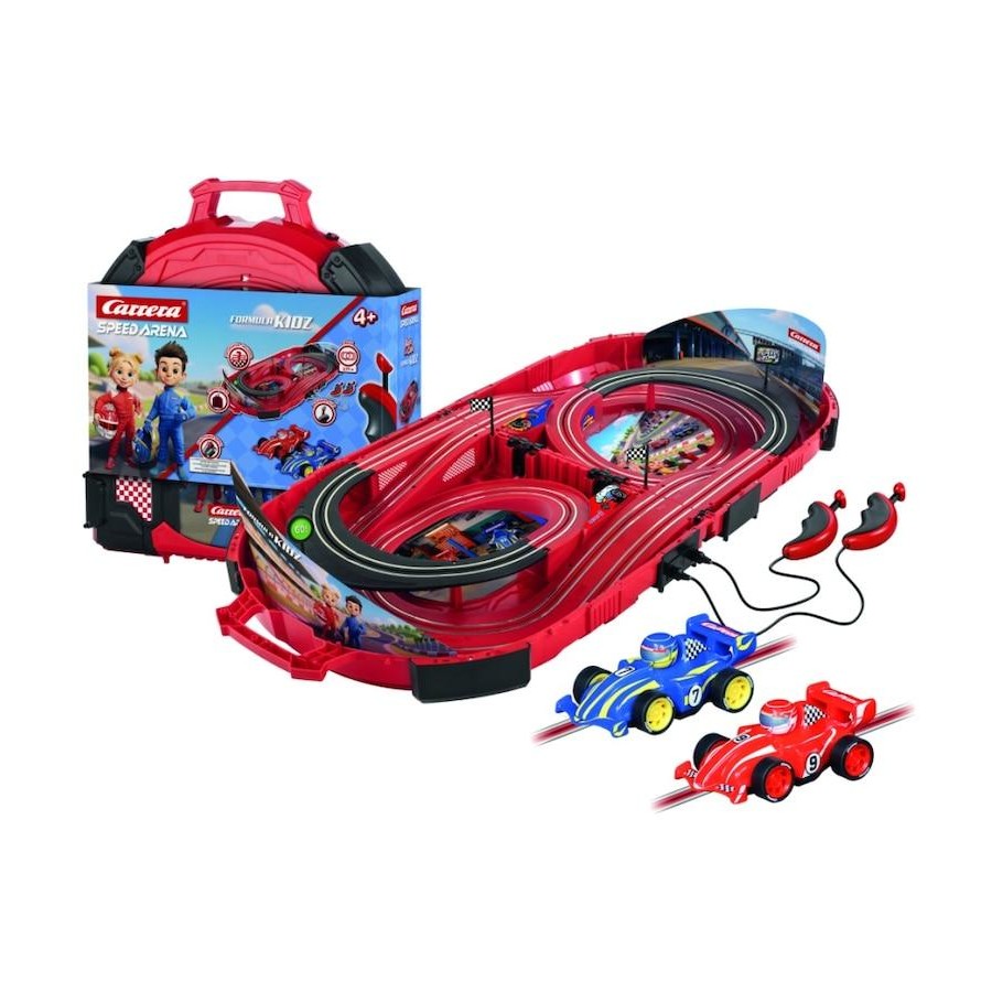 Red track set with race cars and small accessories