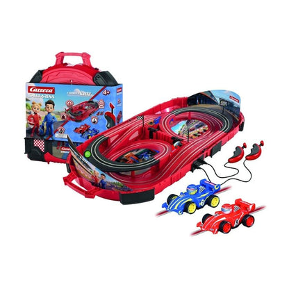 Red track set with race cars and small accessories