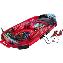 Red kids' racing track set with two loops, cars, and cables