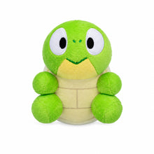 Green turtle plush with large eyes and soft yellow belly