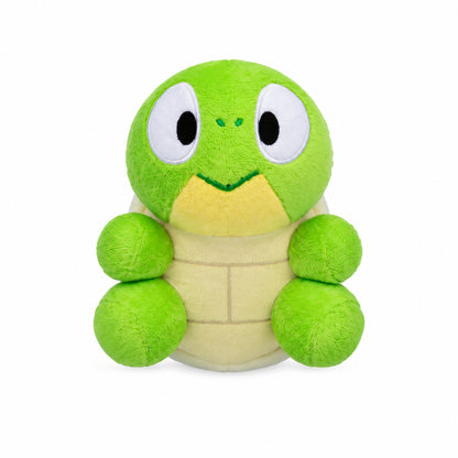 Green turtle plush with large eyes and soft yellow belly