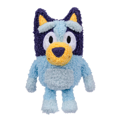Bluey plush teddy with navy hood and light-blue body, soft fuzzy texture