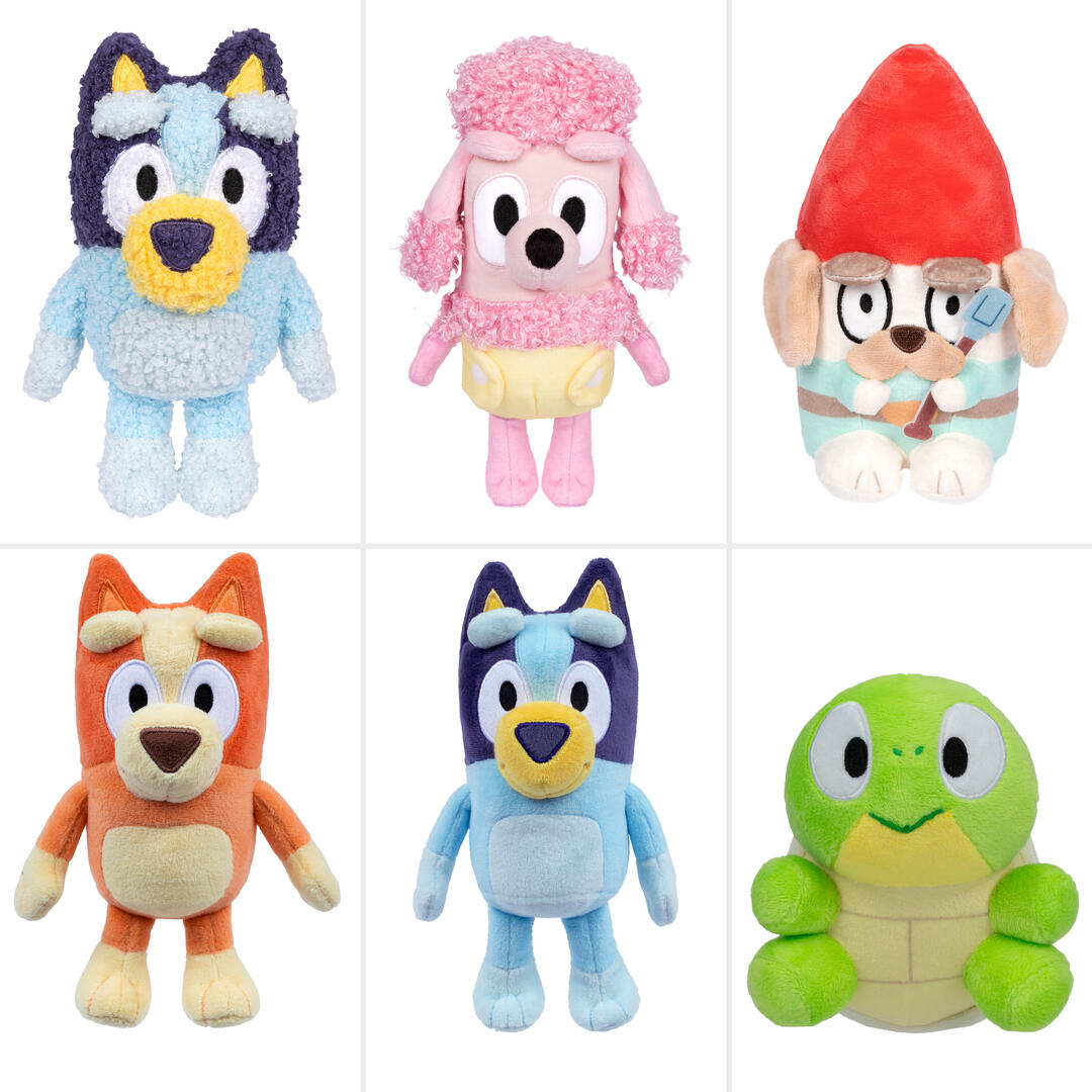 Assorted character plush toy set with multiple colors and friendly faces