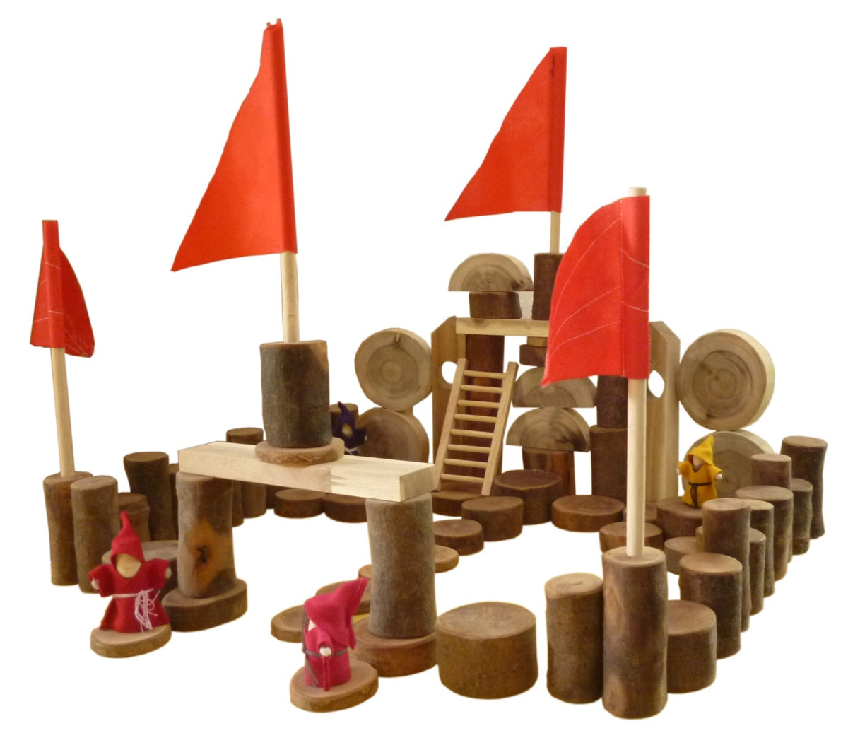 Wooden castle blocks set with red flags, ladder pieces, and small toy figures
