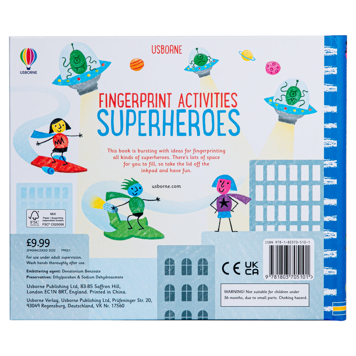 Usborne Fingerprinting Activity Book with Colourful Ink Pads Superheroes