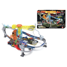 Colorful toy ramp track with cars and grey wrecking ball on chain, playset