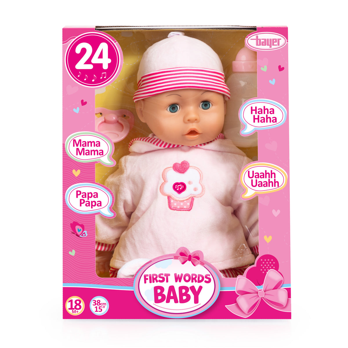 Boxed 38 cm first words baby doll with cupcake romper and red-and-white striped hat
