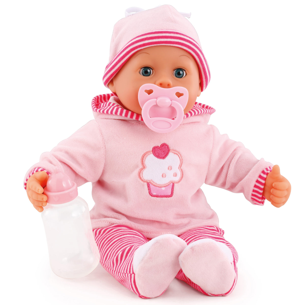 Pink baby doll in striped hat and footed outfit, with cupcake logo and pacifier