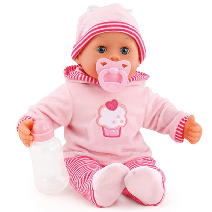 Pink baby doll in striped hat and footed outfit, with cupcake logo and pacifier