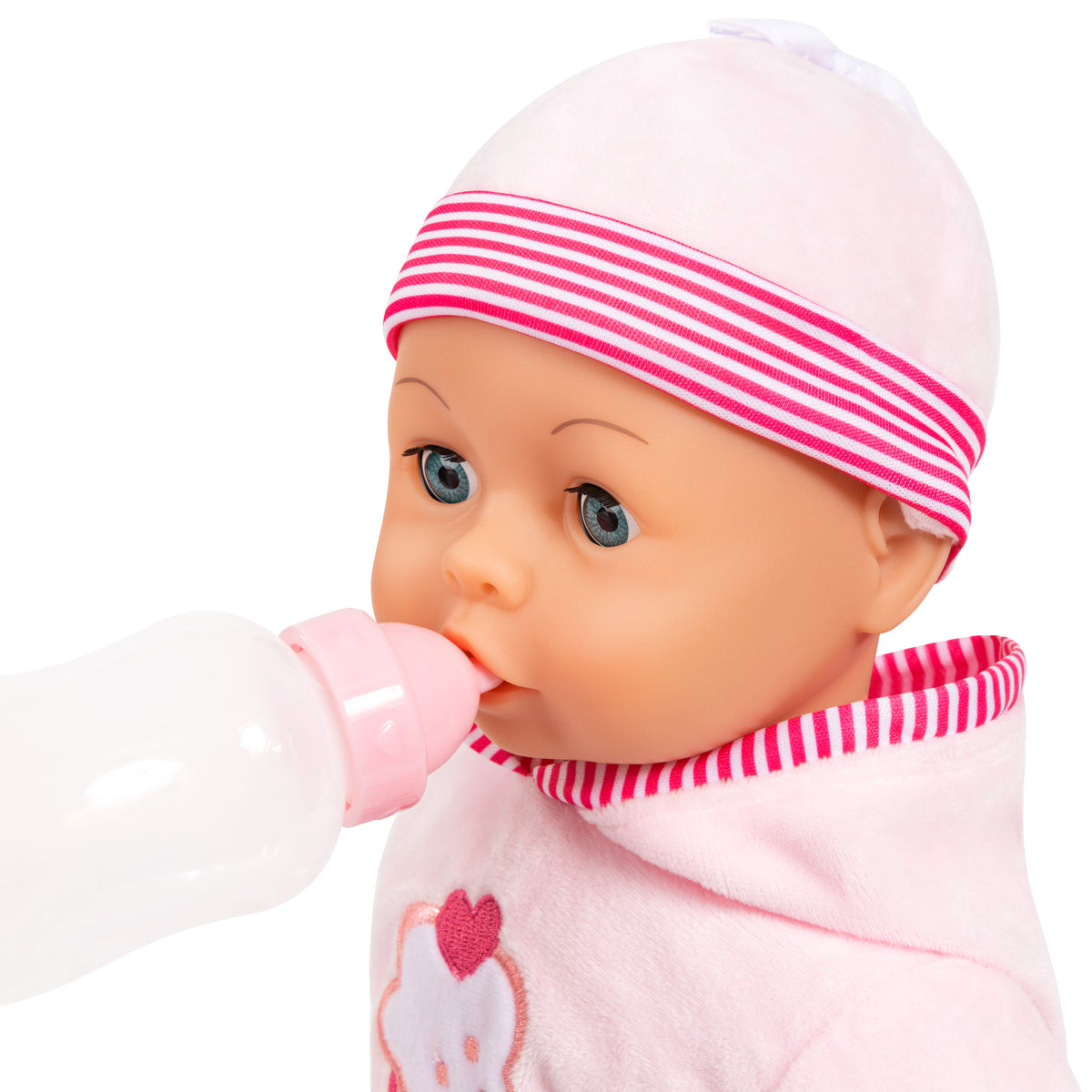 Pink baby doll profile wearing striped hood and holding pacifier bottle