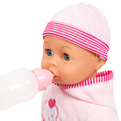 Pink baby doll profile wearing striped hood and holding pacifier bottle