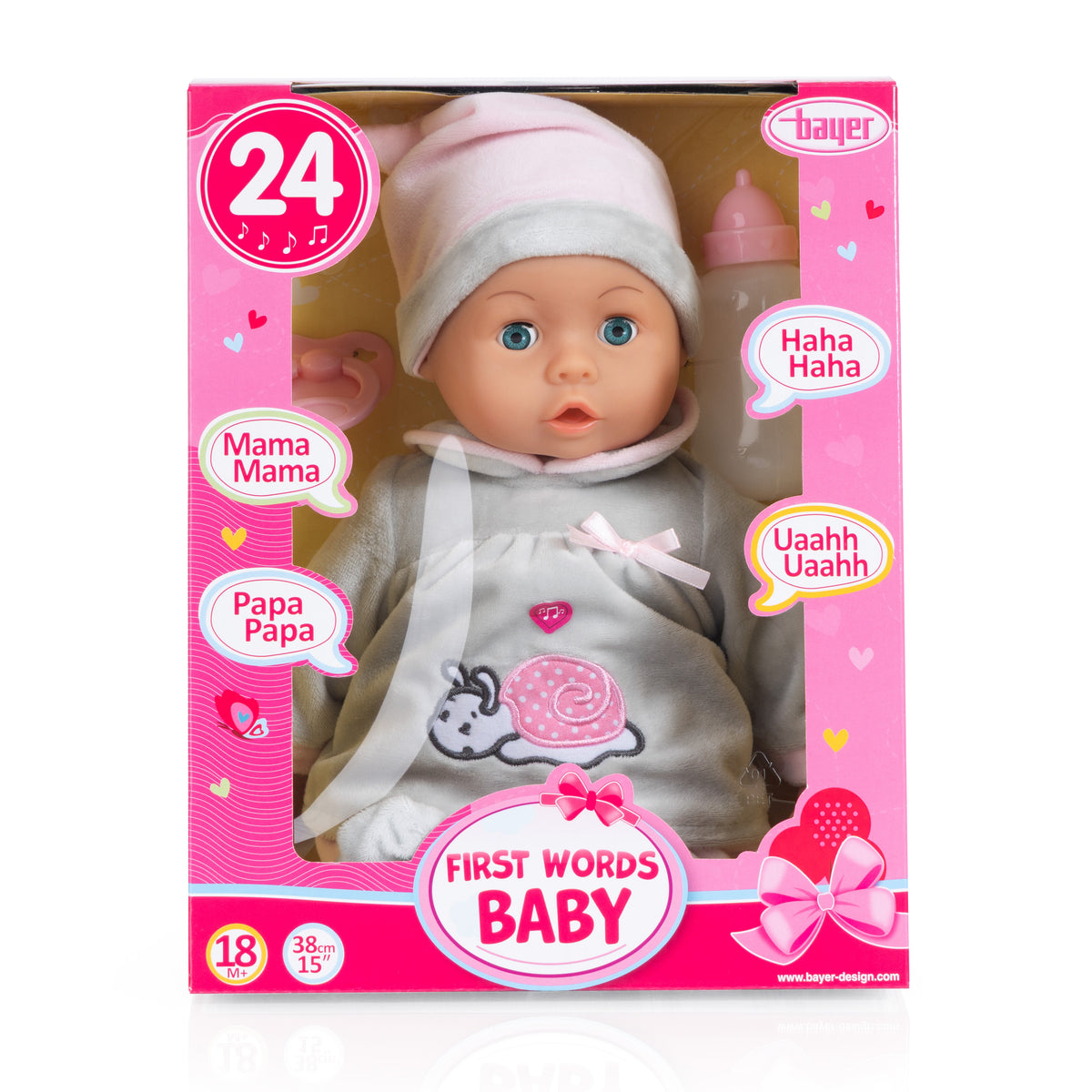 First Words baby doll set box for 38 cm doll in grey hat and outfit