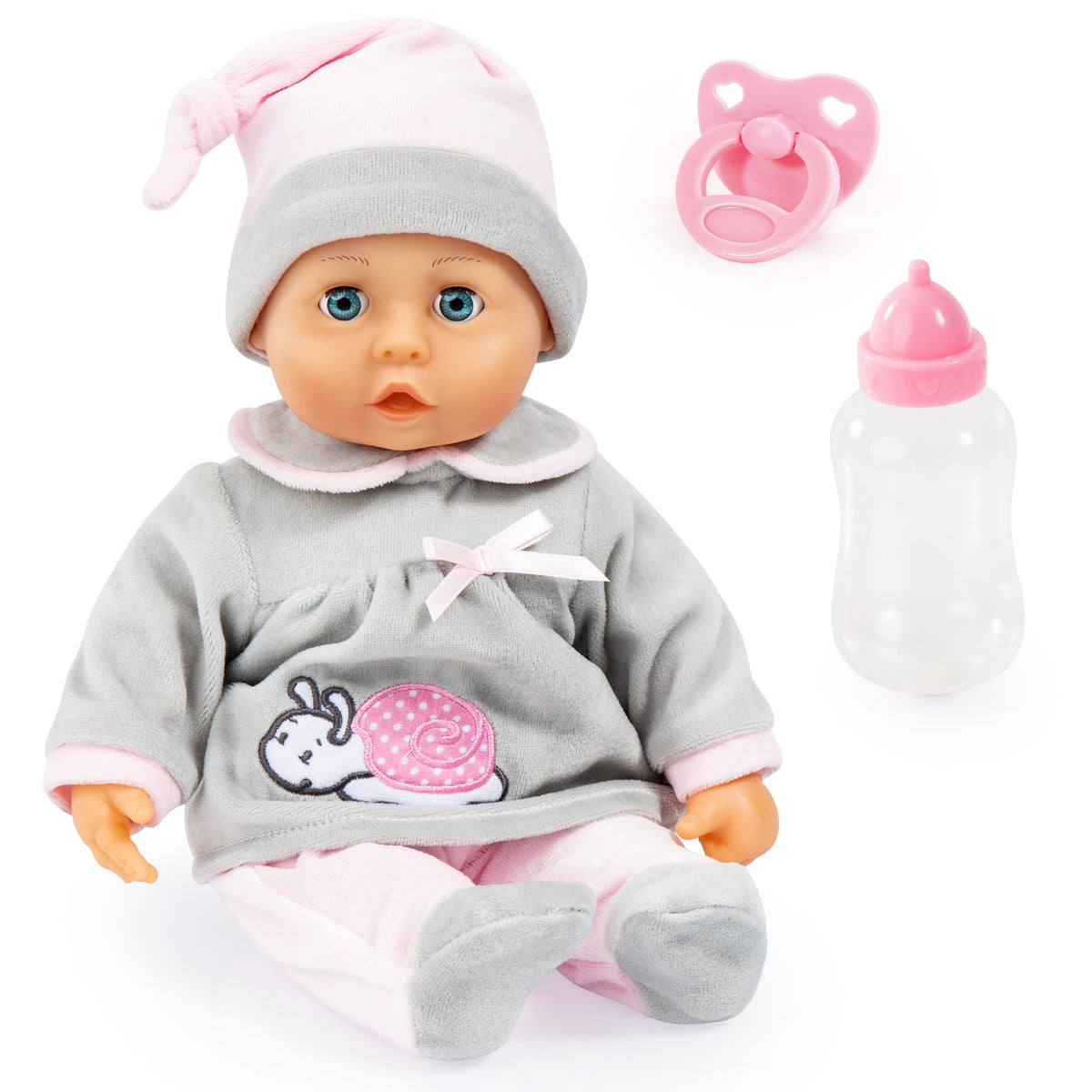 Grey baby doll in hat with pink pacifier, bunny snail first-words outfit